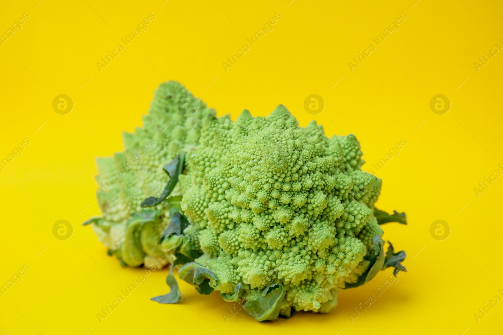 Photo of Fresh Romanesco broccoli on yellow background, closeup