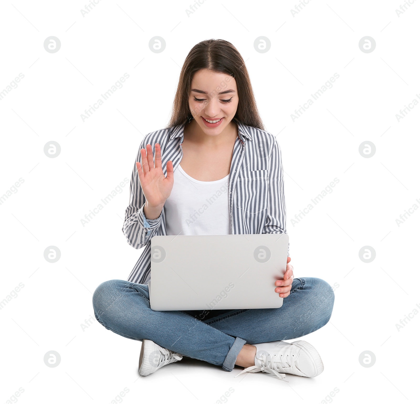 Photo of Woman using laptop for video chat isolated on white