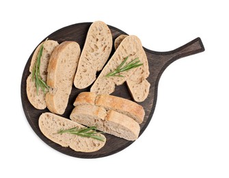 Photo of Cut delicious ciabatta with rosemary isolated on white, top view