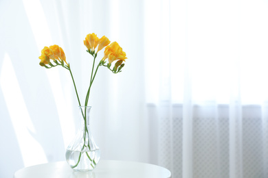 Photo of Beautiful yellow freesia flowers on table indoors. Space for text