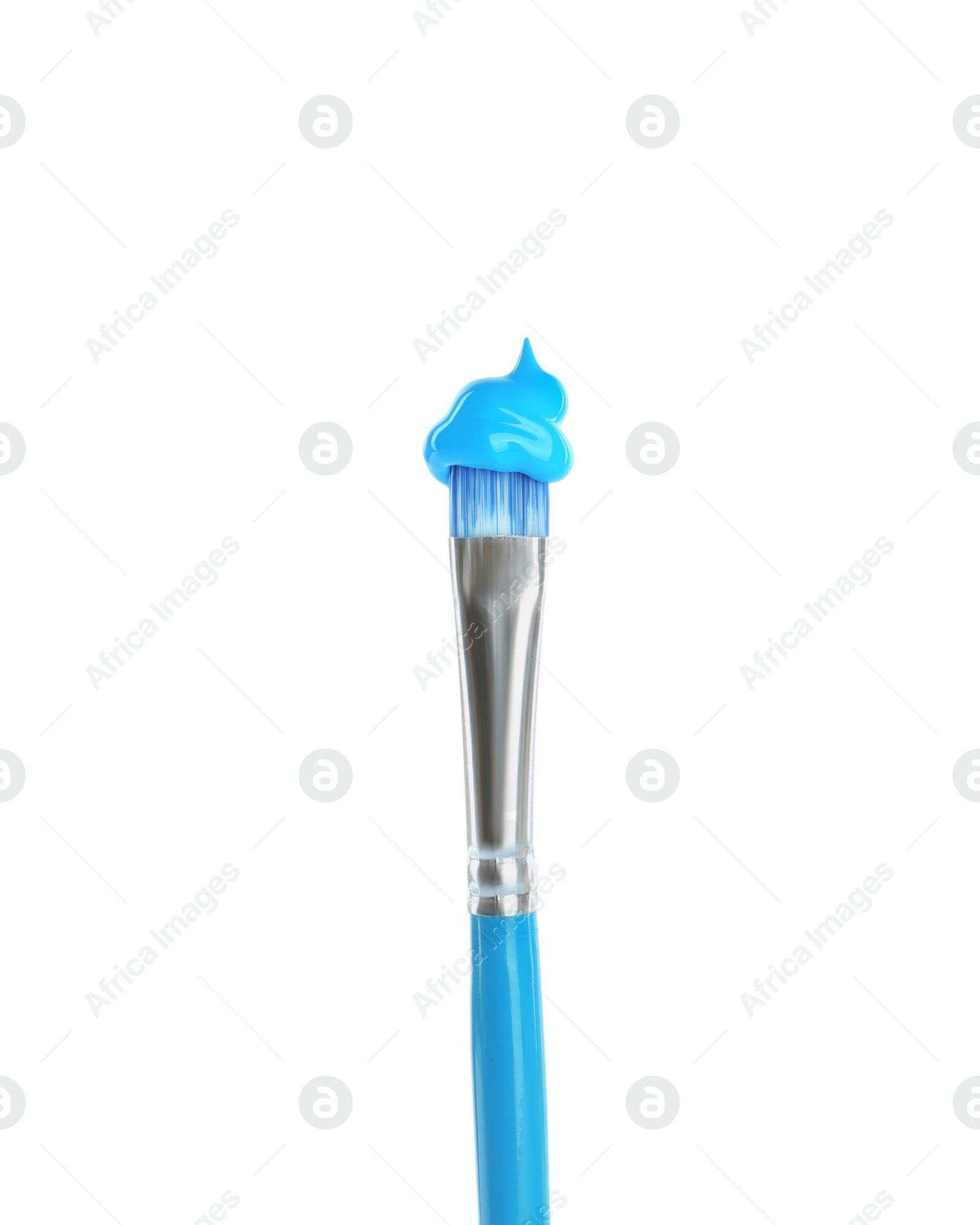 Photo of Brush with light blue paint isolated on white