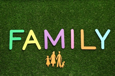 Photo of Paper cutout and word Family made of colorful letters on green grass, flat lay