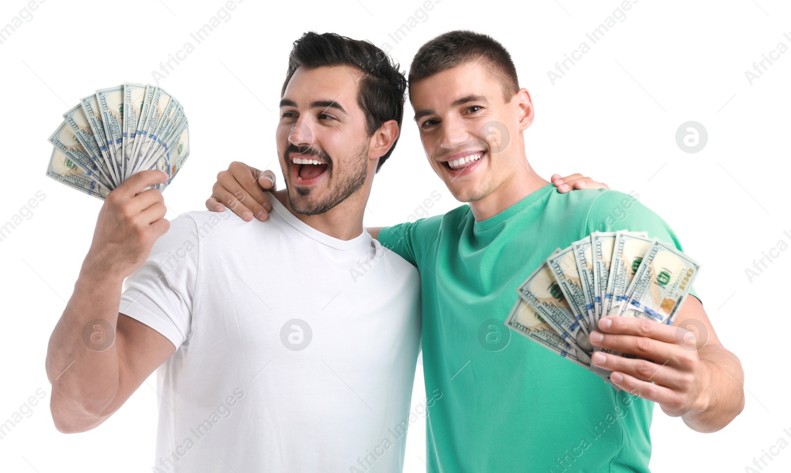 Photo of Handsome young men with dollars on white background