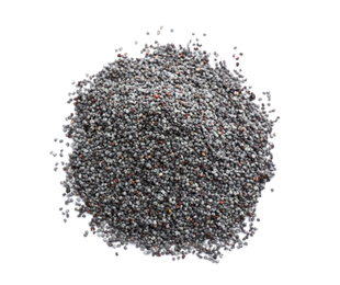 Photo of Pile of dry poppy seeds isolated on white, top view