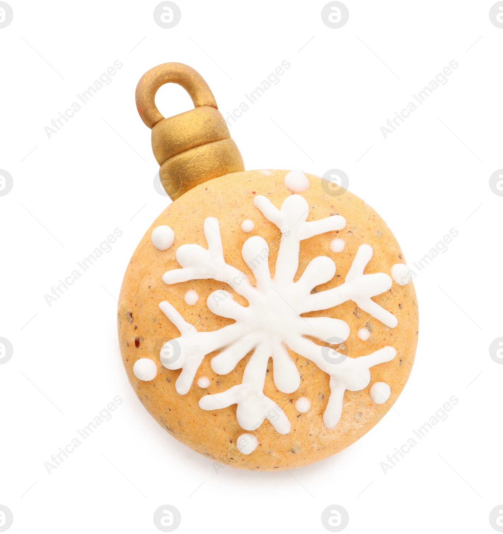 Photo of Beautifully decorated Christmas macaron isolated on white, top view