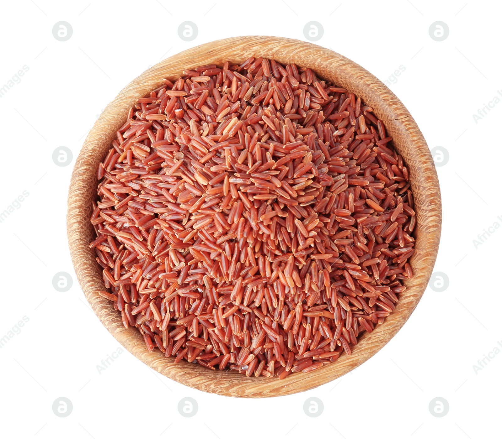 Photo of Bowl with uncooked brown rice on white background, top view