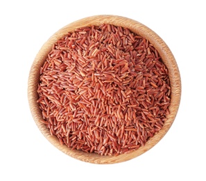 Photo of Bowl with uncooked brown rice on white background, top view