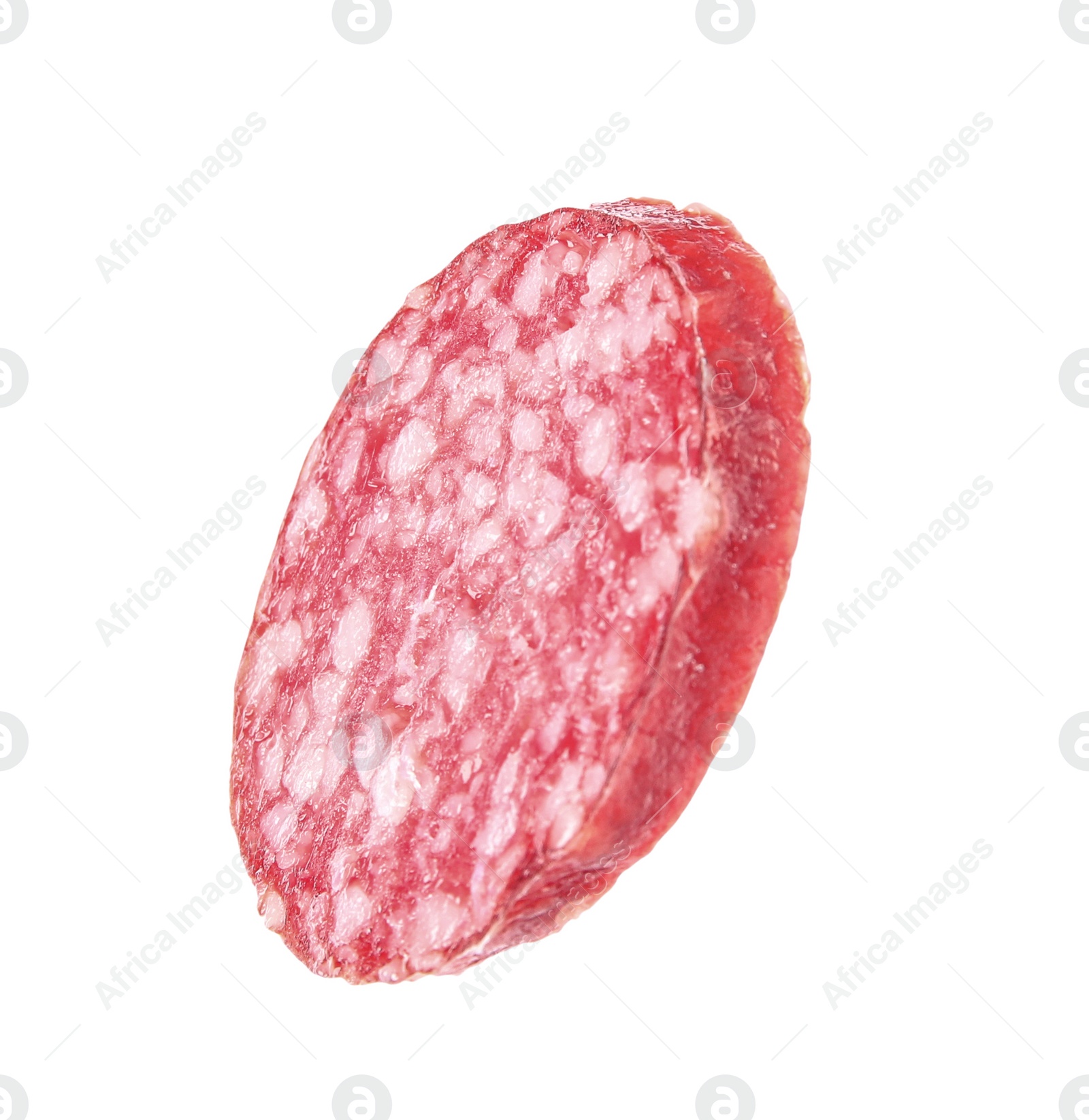 Photo of Slice of delicious smoked sausage isolated on white