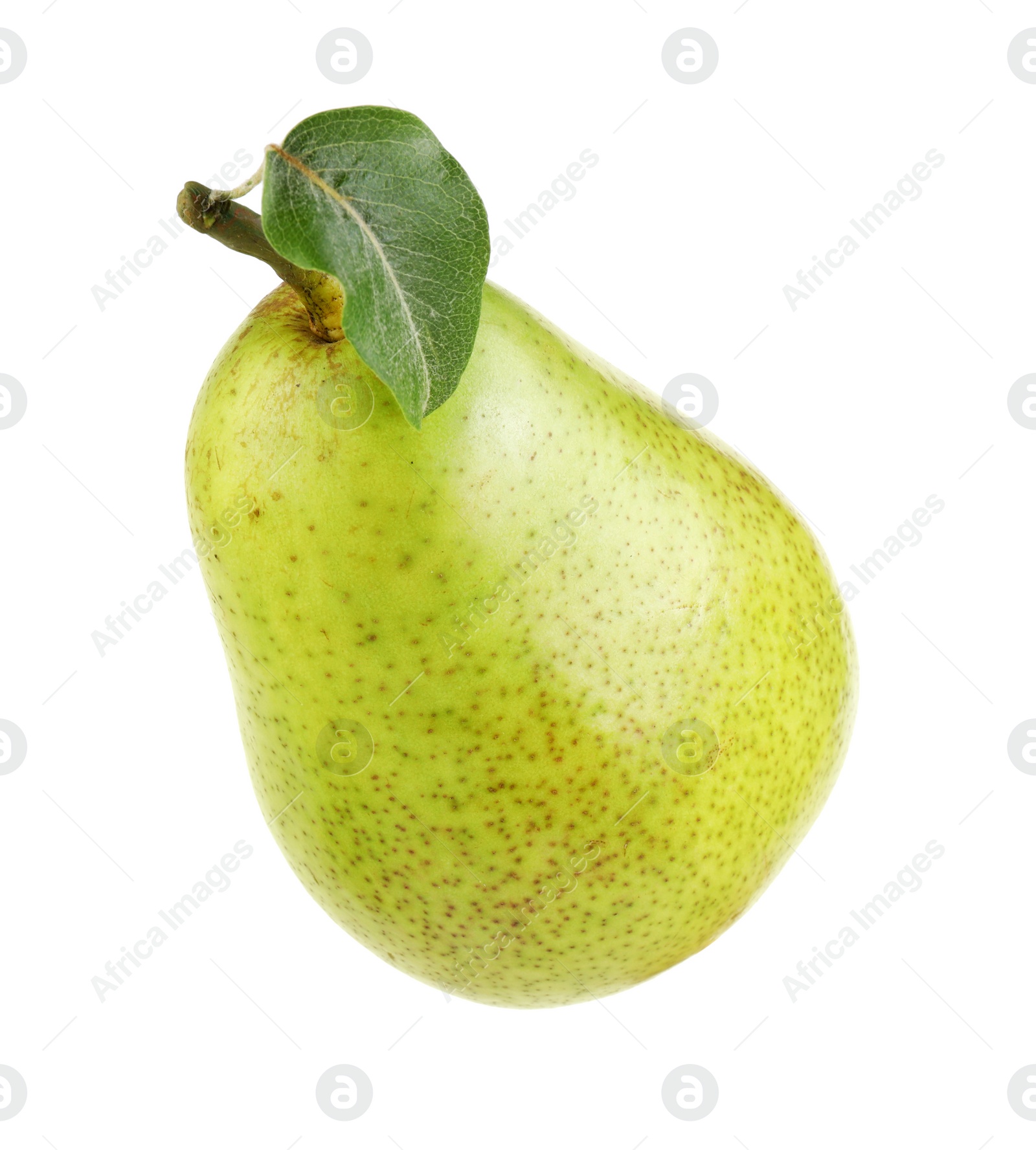 Photo of One ripe pear with leaf on white background