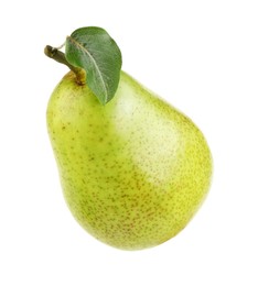 Photo of One ripe pear with leaf on white background