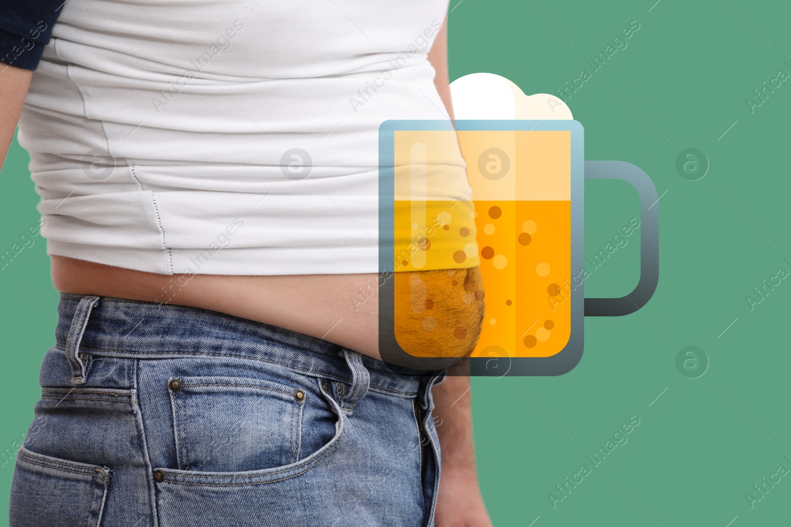 Image of Beer belly problem. Overweight man on green background, closeup