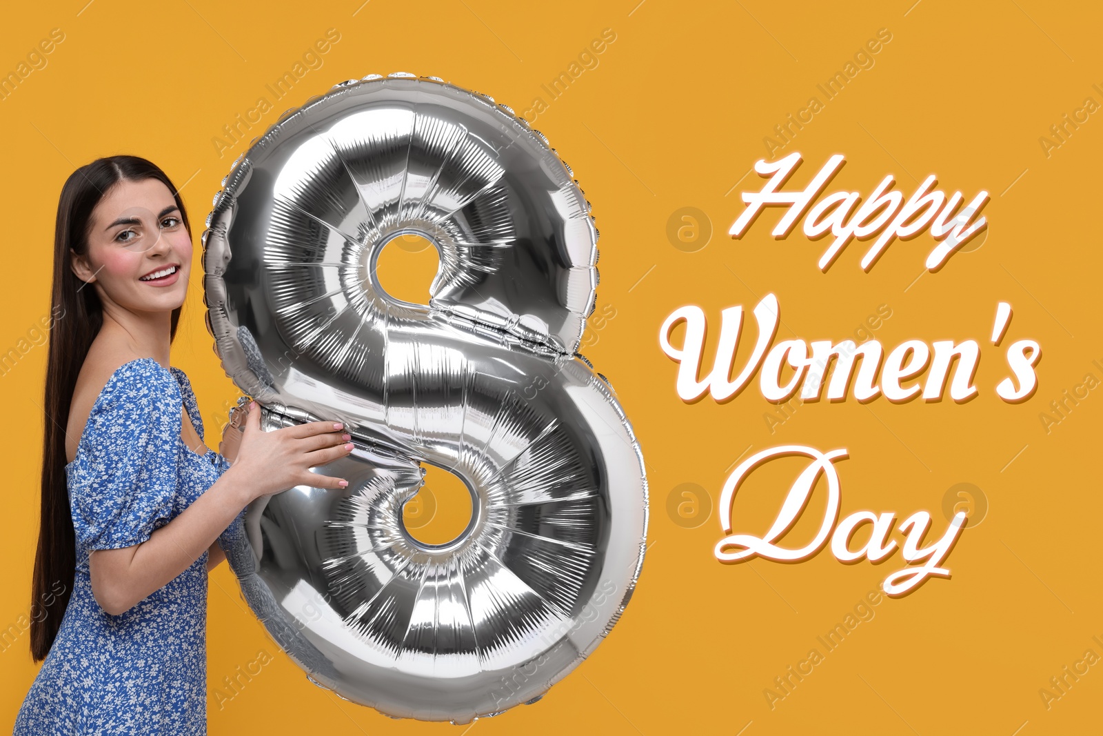 Image of Happy Women's Day - March 8. Attractive lady holding foil balloon in shape of number 8 on orange background