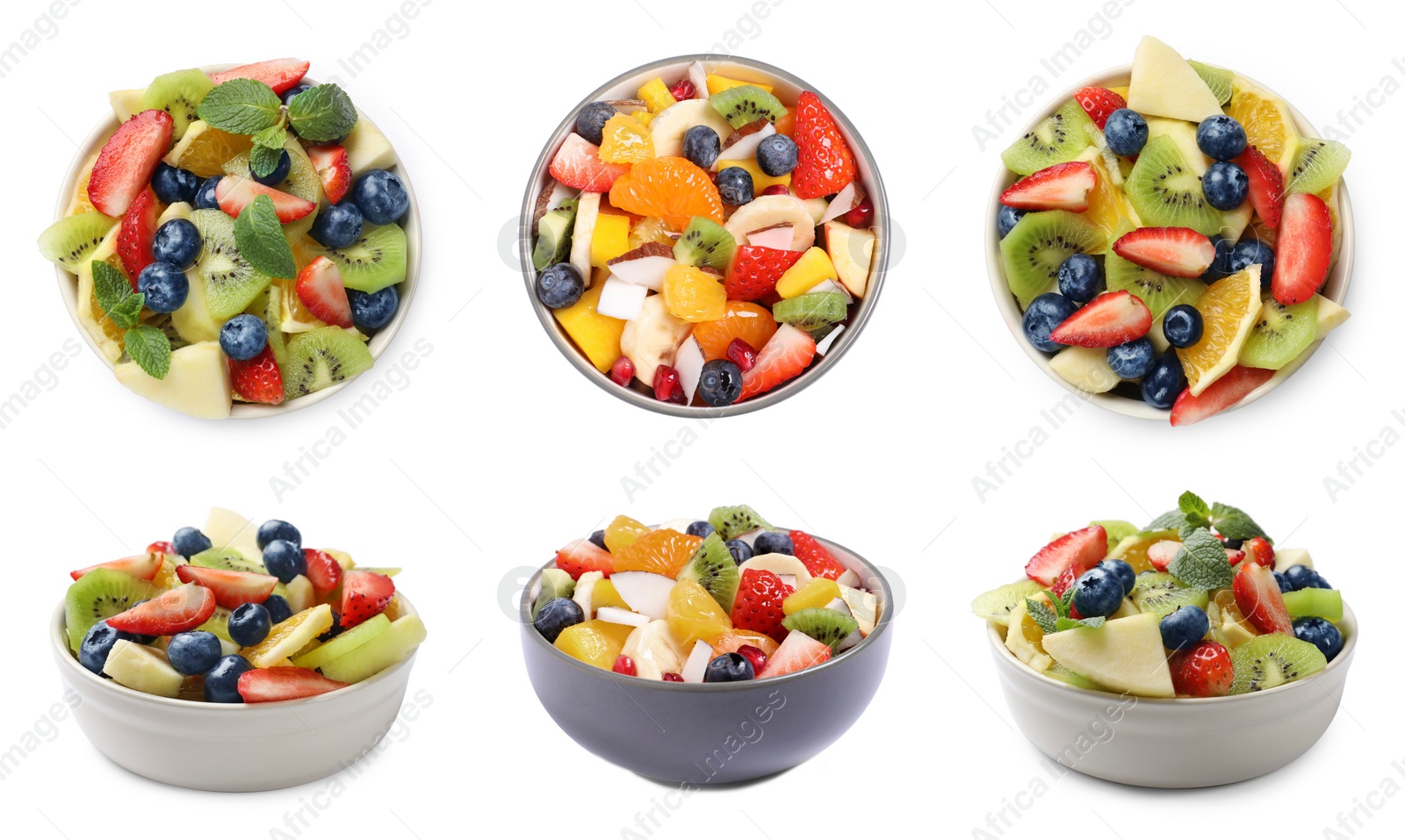 Image of Delicious fruit salads in bowls isolated on white, top and side views