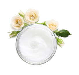 Photo of Jar of hand cream and roses on white background, top view