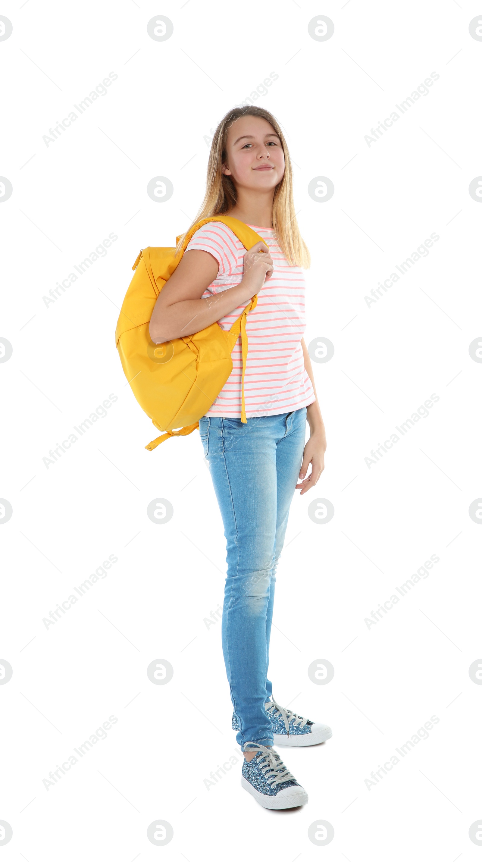 Photo of Teenager girl in casual clothes on white background