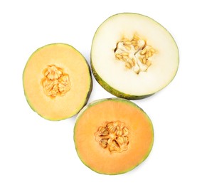 Tasty colorful ripe melons on white background, top view