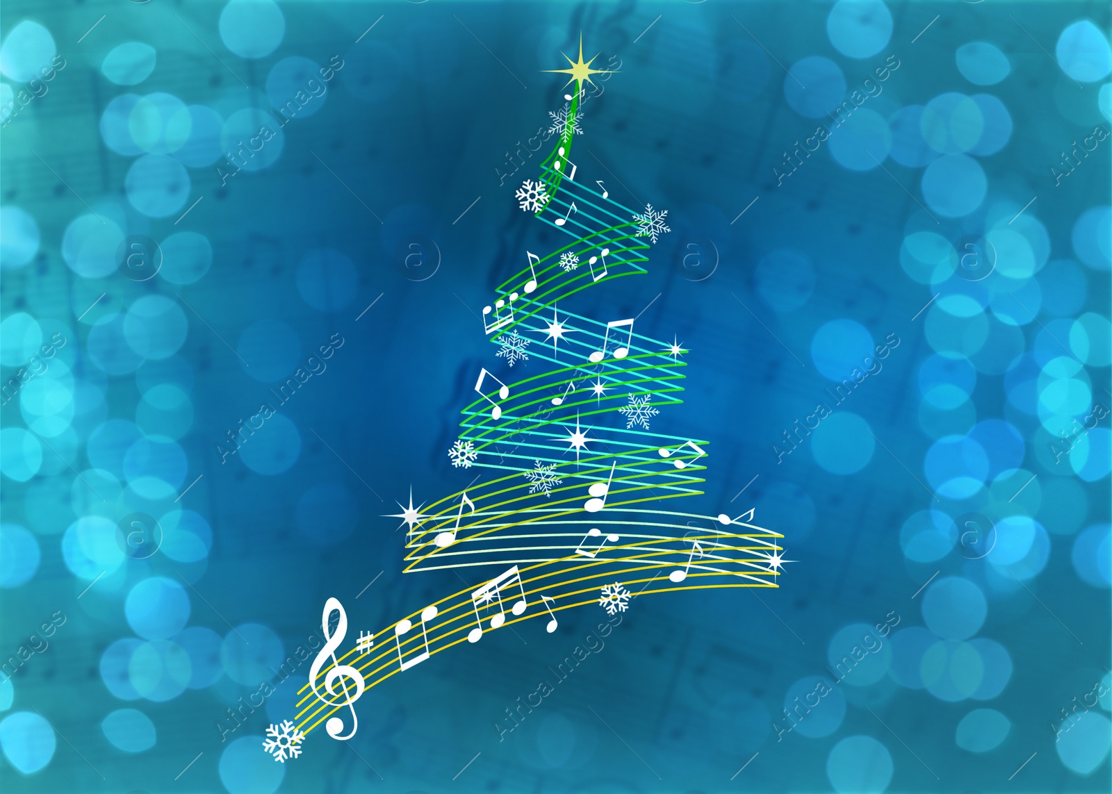 Image of Christmas tree made of music notes and snowflakes against sheet with musical symbols. Bokeh effect