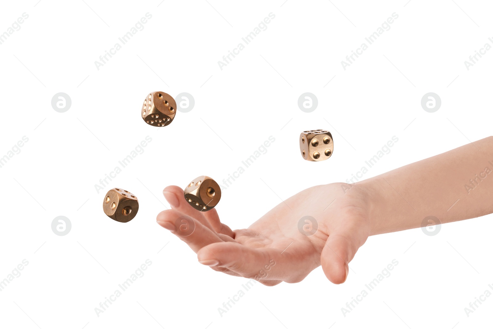 Image of Woman throwing golden dice on white background, closeup