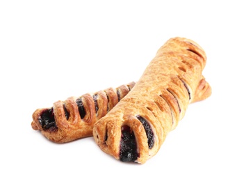 Photo of Fresh tasty puff pastry on white background