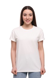 Woman wearing stylish T-shirt on white background