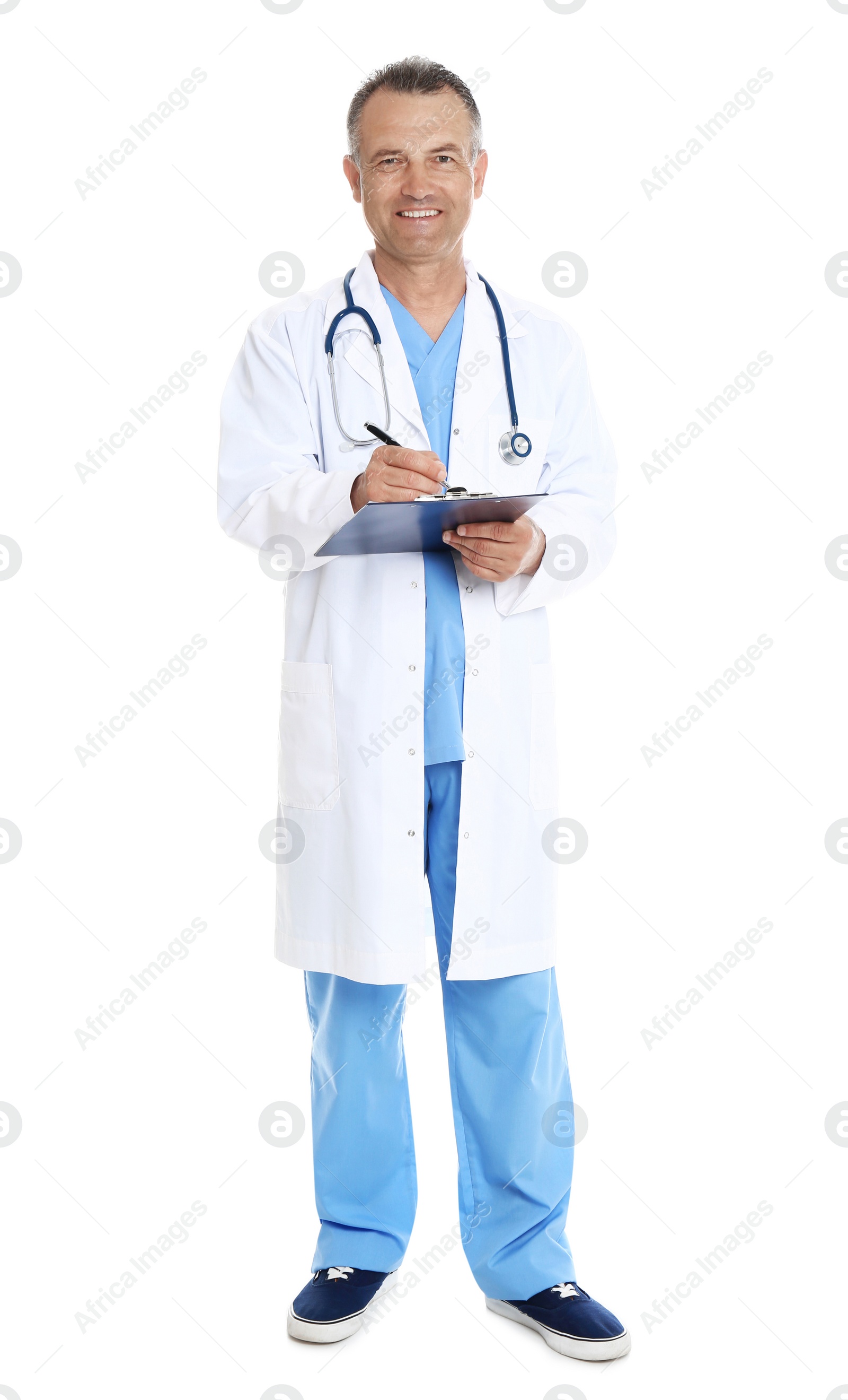 Photo of Full length portrait of experienced doctor in uniform on white background. Medical service