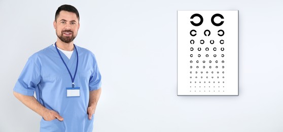 Vision test. Ophthalmologist or optometrist and eye chart on white background, banner design