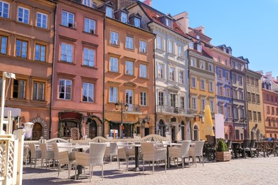 WARSAW, POLAND - MARCH 22, 2022: Beautiful view of modern cafe with outdoor terrace