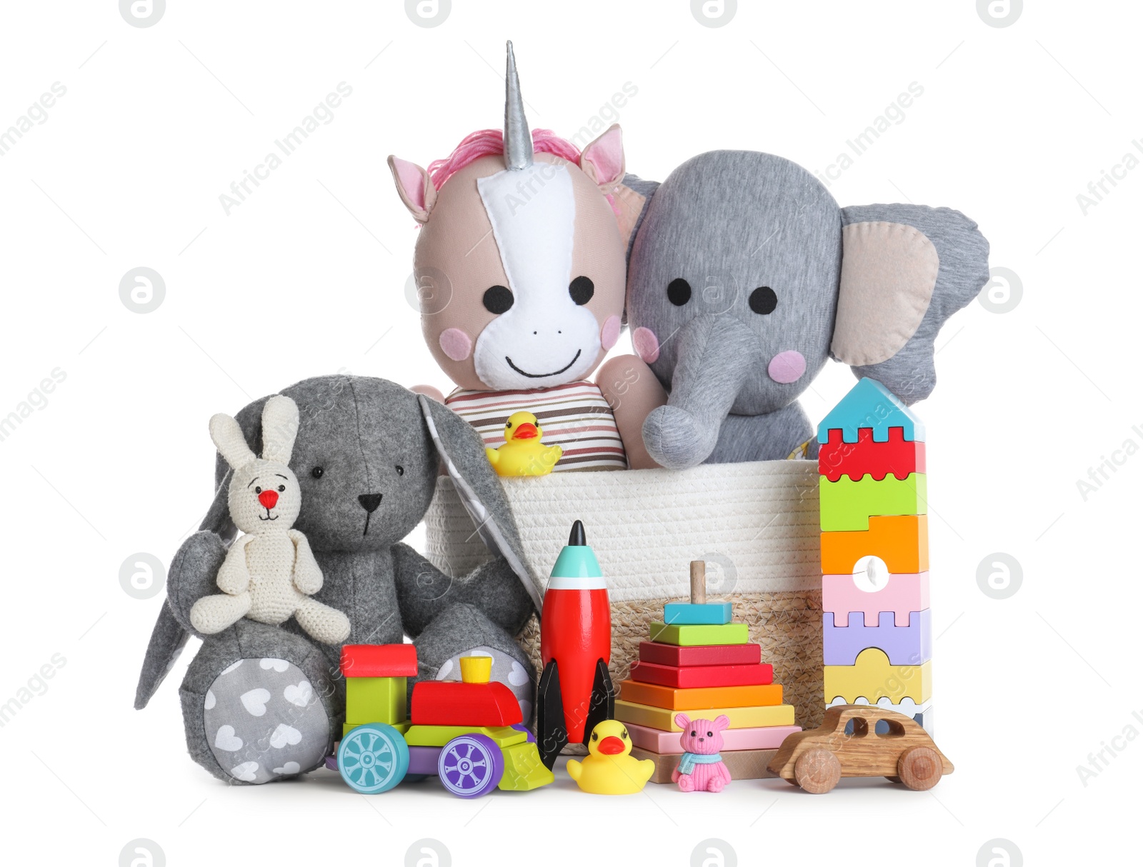 Photo of Set of different toys on white background