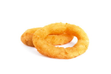 Photo of Delicious golden onion rings isolated on white