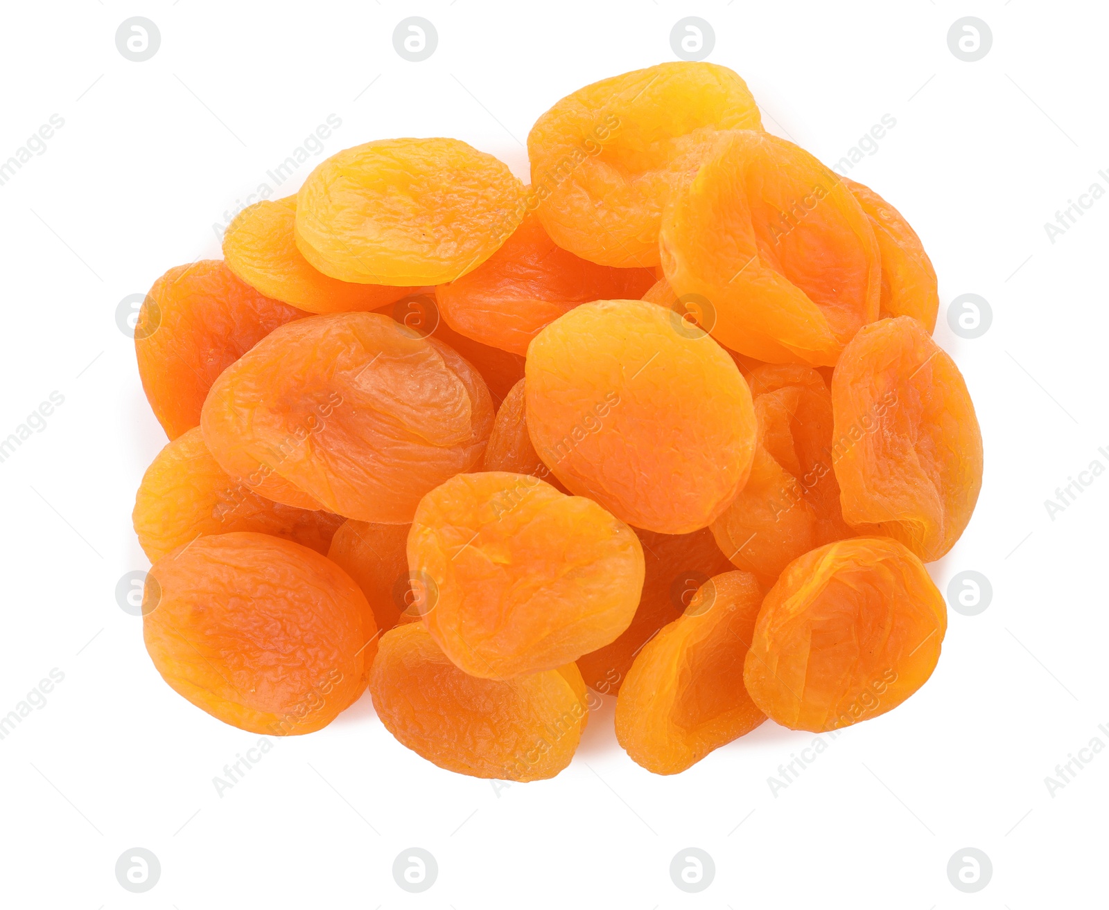 Photo of Tasty apricots on white background, top view. Dried fruit as healthy food