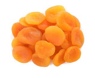 Photo of Tasty apricots on white background, top view. Dried fruit as healthy food