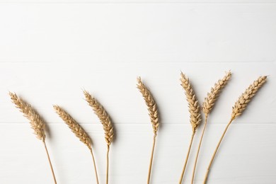 Ears of wheat on white wooden table, flat lay. Space for text