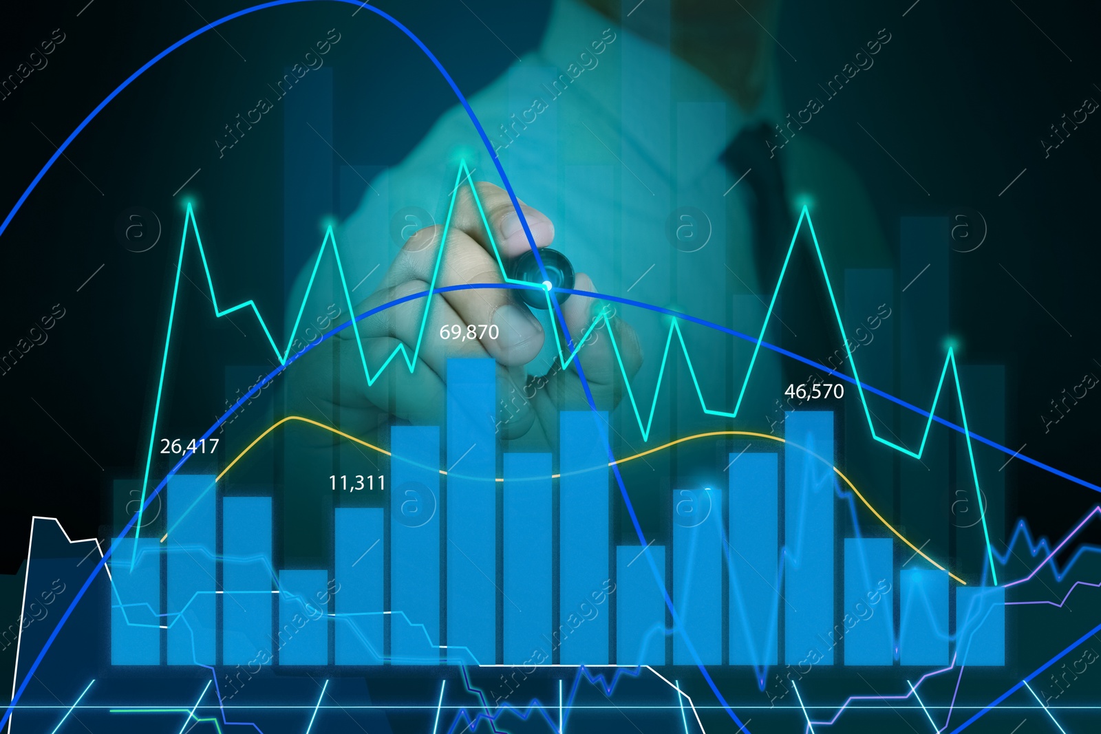 Image of Businessman drawing growth graph on virtual screen, closeup. Investment concept