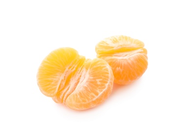 Photo of Peeled fresh ripe tangerine on white background