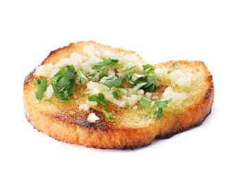 Photo of Slice of toasted bread with garlic and herb on white background