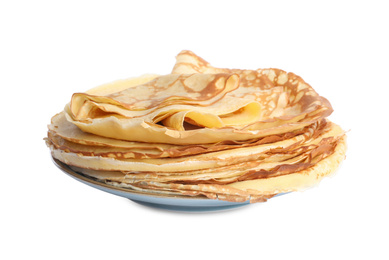 Photo of Stack of fresh thin pancakes isolated on white