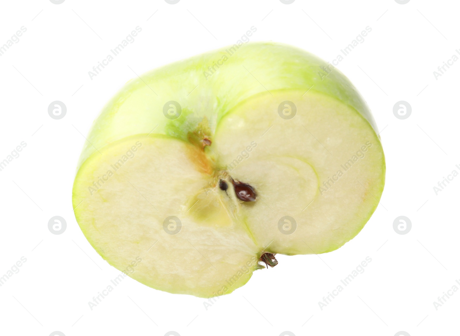 Photo of Half of ripe green apple on white background