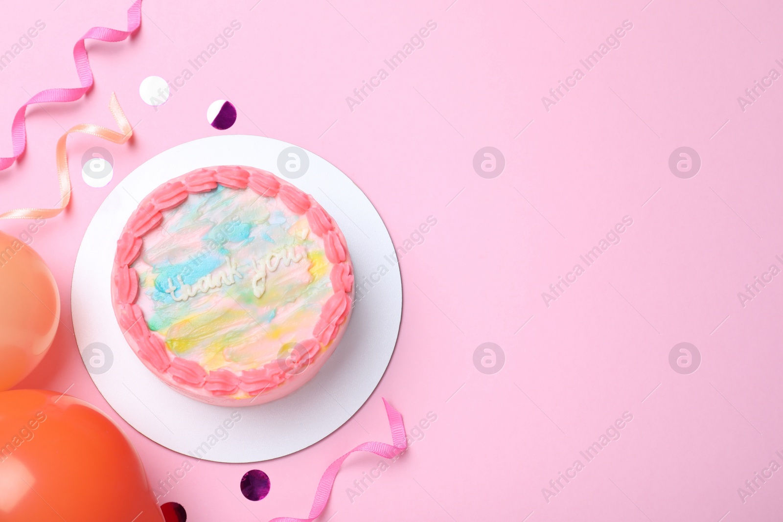 Photo of Cute bento cake with tasty cream and decor on pink background, flat lay. Space for text