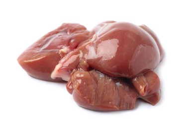 Photo of Fresh raw beef kidneys on white background