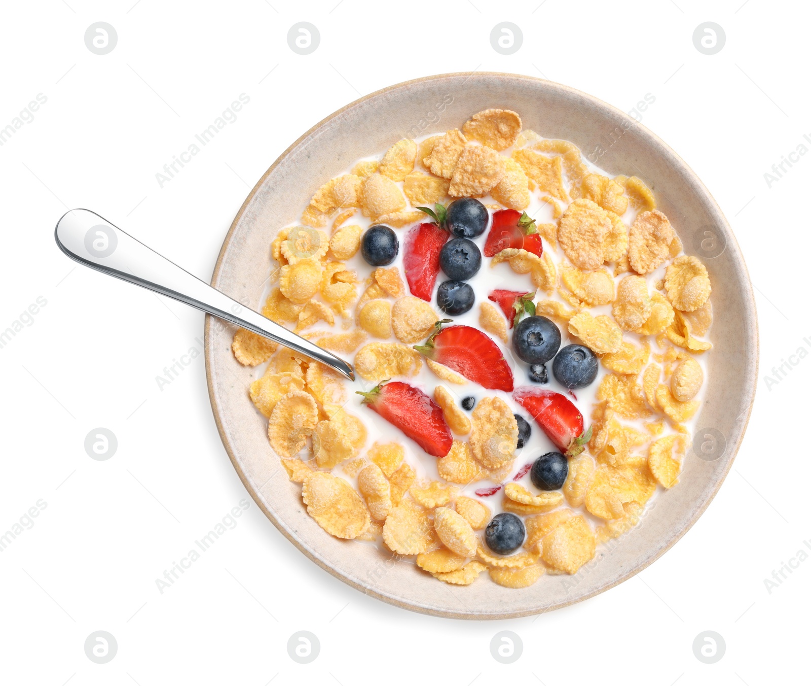 Photo of Bowl of tasty crispy corn flakes with milk and berries isolated on white, top view