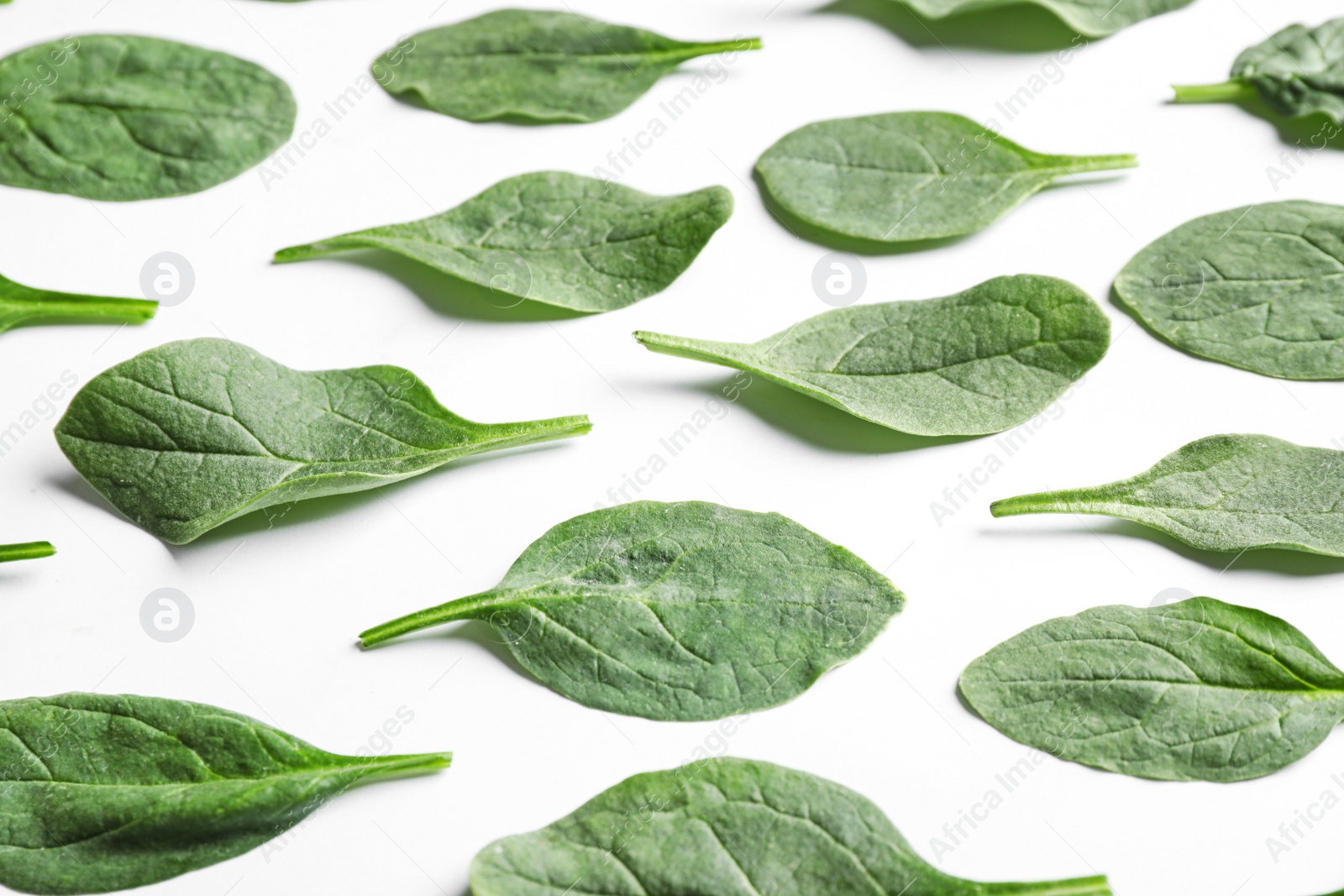 Photo of Fresh green healthy spinach leaves on white background