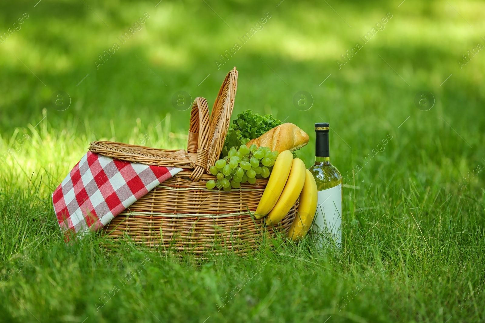 Photo of Wicker basket with blanket, wine and food on green grass in park. Summer picnic