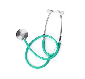 Photo of Stethoscope on white background, top view. Medical object