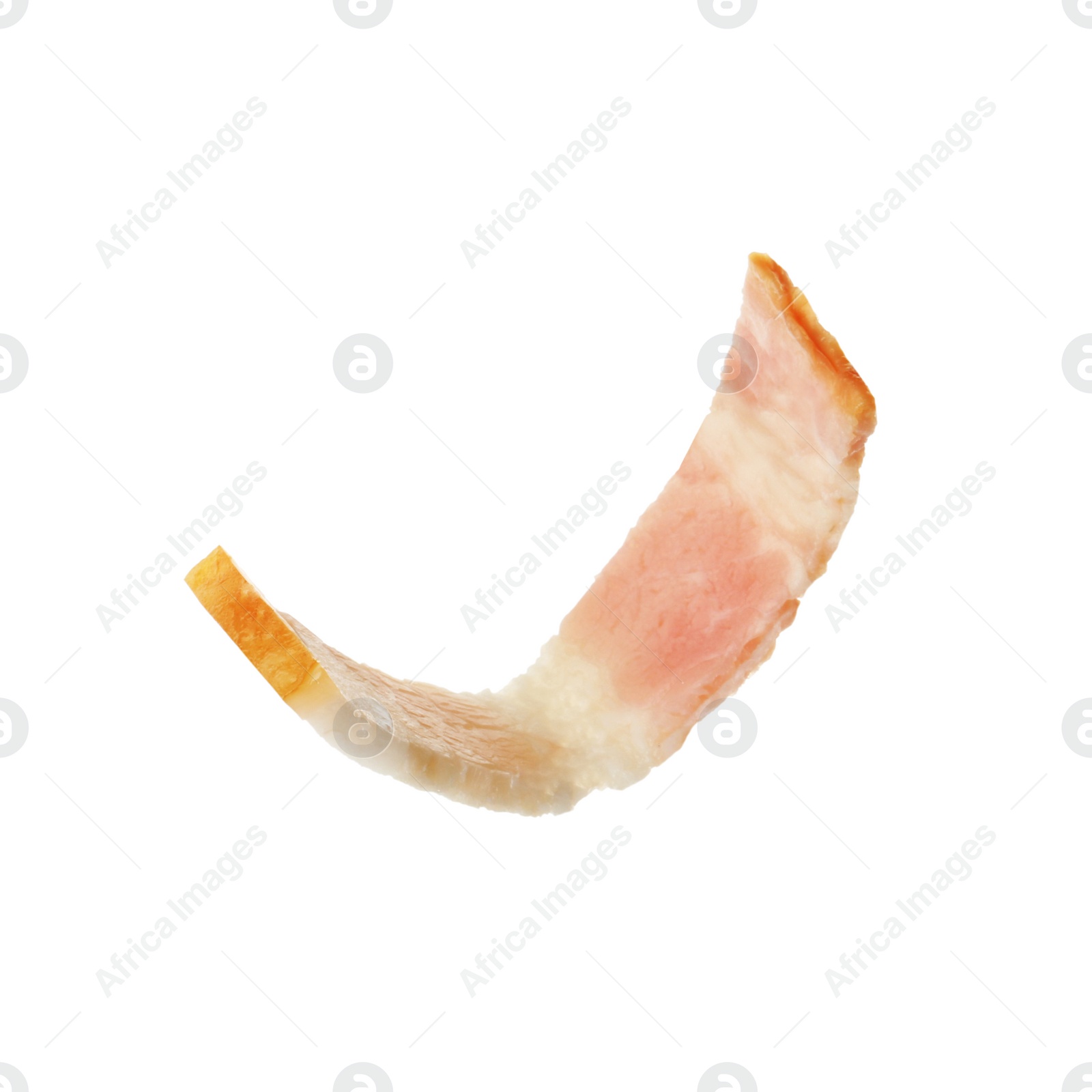 Photo of Slice of raw bacon on white background