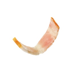 Slice of raw bacon on white background