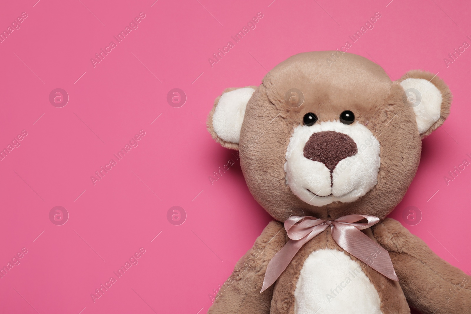 Photo of Cute teddy bear on pink background, top view. Space for text