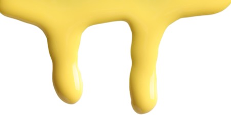 Photo of Yellow nail polish flowing on white background