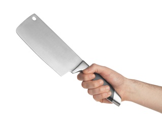 Photo of Man holding cleaver knife on white background, closeup