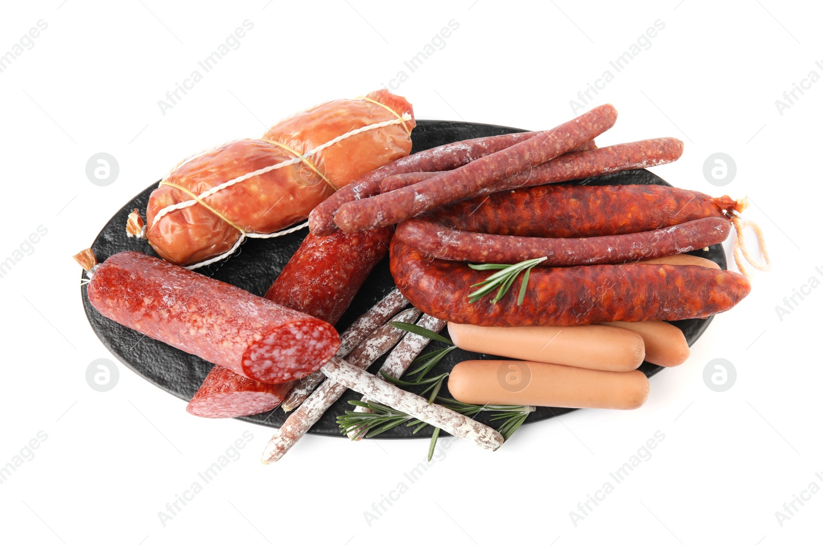 Photo of Slate plate with different tasty sausages isolated on white, top view