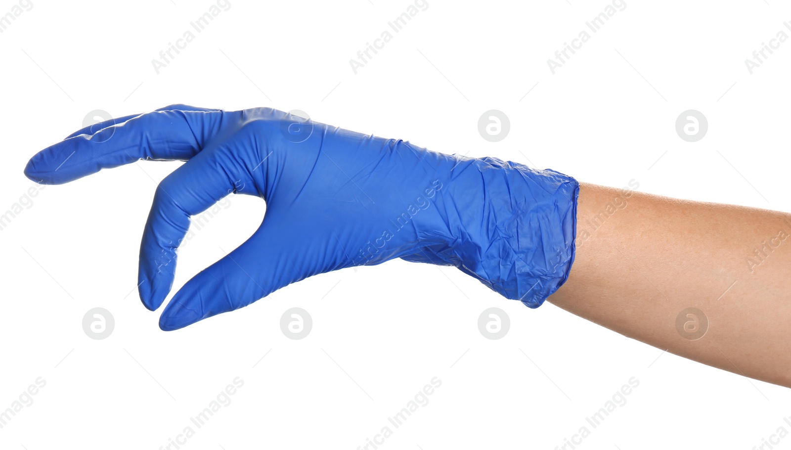 Photo of Woman in blue latex gloves holding something on white background, closeup of hand